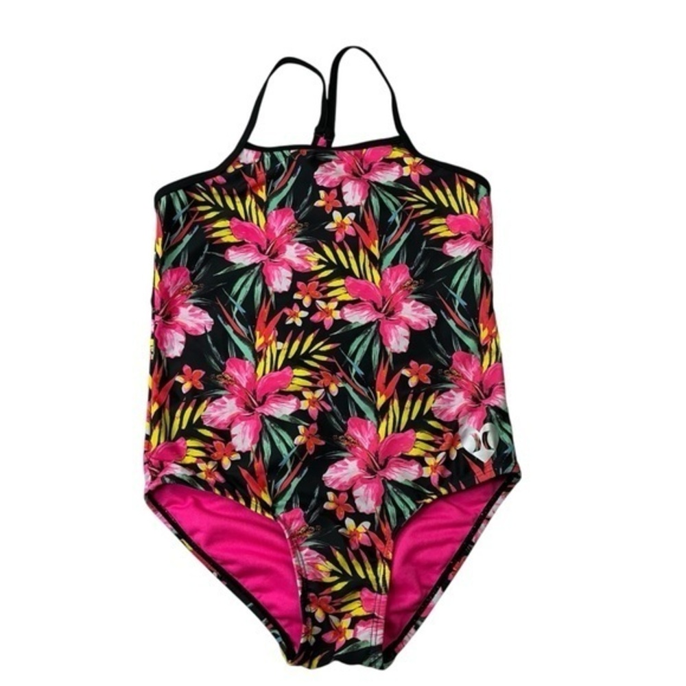 Hurley Girls One Piece Swimsuit Swimwear Black and Pink Floral Print Size M